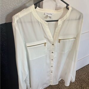 Calvin Klein Women's Ivory Blouse with Gold Accents XL